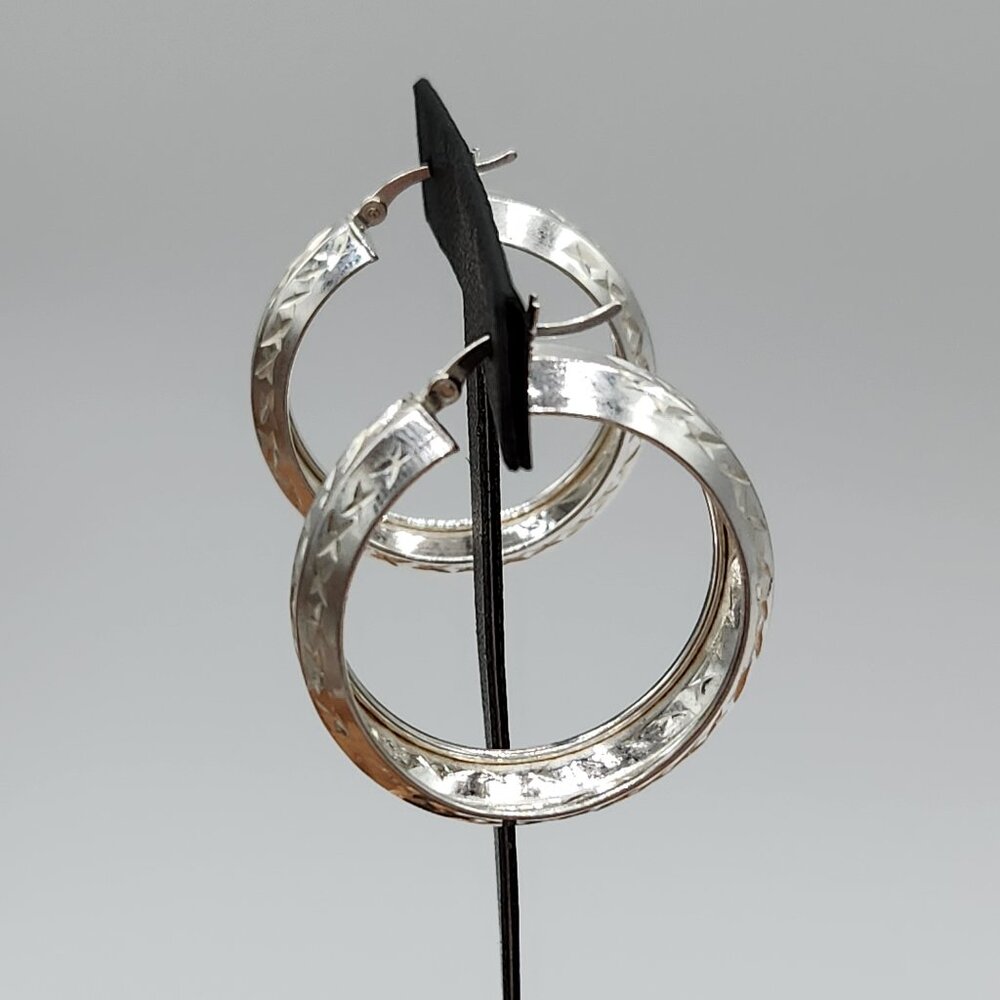 Etched 925 Sterling Silver Hoops 1.50 Inch In Diameter And 10mm Width